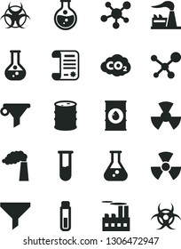 Solid Black Vector Icon Set - round flask vector, manufacture, factory, oil, barrel, industrial building, radiation, carbon dyoxide, filter, water, research article, test tube, molecule, nuclear