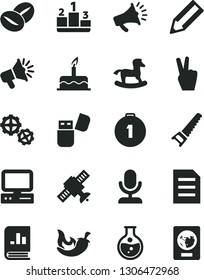 Solid Black Vector Icon Set - small rocking horse vector, cake, gears, hand saw, pedestal, chili, coffee beans, round flask, pencil, loudspeaker, horn, book on statistics, computer, usb flash, file