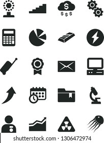 Solid Black Vector Icon Set - folder bookmark vector, pie charts, computer, mail, schedule clock, microscope, nuclear, gears, calculator, medal, electricity, cup, stairway, arrow graph, man with, up