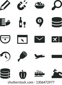 Solid Black Vector Icon Set - minus vector, sink, big data, a plate of fruit, chicken thigh, Bell pepper, pencil, browser, magnifier, mail, history, magnet, wine, dollar pin, plane, train, ticket