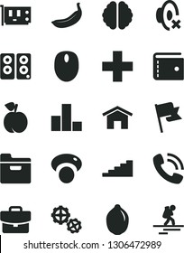 Solid Black Vector Icon Set - purse vector, plus, silent mode, bar chart, gears, home, flag, folder, suitcase, peach, banana, lime, mashroom, phone call, mouse, pc card, speaker, brain, stairway