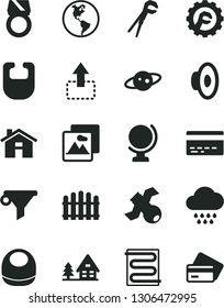 Solid Black Vector Icon Set - house vector, bank card, loudspeaker, bib, baby, cloud, adjustable wrench, star gear, hedge, heating coil, picture, globe, move up, planet Earth, water filter, saturn