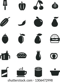 Solid Black Vector Icon Set - measuring cup for feeding vector, e, coffee, tin, burger, apple pie, popsicle, cherry, pear, rose hip, lemon, tamarillo, delicious, ripe guava, half tomato, Bell pepper