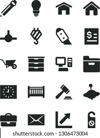 Solid Black Vector Icon Set - envelope vector, graphite pencil, hammer of a judge, growth chart, baby cot, storage unit, yule, house, hook, building trolley, bulb, knife, home, folder, portfolio