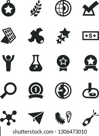 Solid Black Vector Icon Set - flask vector, molecule, zoom, satellite, bactery, artifical insimination, earth core, sun panel, laurel branch, man hands up, star medal, ribbon, confirm, dollar