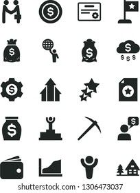 Solid Black Vector Icon Set - wallet vector, money, dollars, growth graph, winner, podium, man hold world, arrows, star flag, certificate, mine axe, rain, dollar coin, bag, gear, agreement, dialog