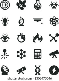 Solid Black Vector Icon Set - mercury thermometer vector, flask, telescope, molecule, atom, dna, bulb, biohazard, flame, graduate hat, calculator, earth core, satellite antenna, biology, stopwatch