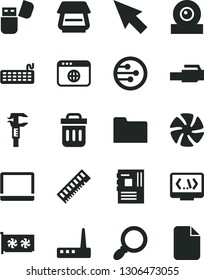 Solid Black Vector Icon Set - caliper vector, notebook pc, fan, keyboard, motherboard, memory, gpu card, web camera, router, scanner, usb flash, network, browser, folder, trash bin, coding, cursor