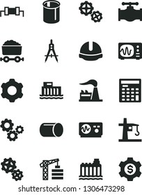 Solid Black Vector Icon Set - tower crane vector, gears, cogwheel, construction helmet, valve, factory, hydroelectric station, hydroelectricity, pipe, pipes, Measuring compasses, trolley with coal