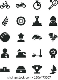 Solid Black Vector Icon Set - stopwatch vector, bath ball, Kick scooter, warm hat, racer, retro car, laurel branch, pedestal, winner podium, prize, star reward, man with medal, aim, bike, motorcycle
