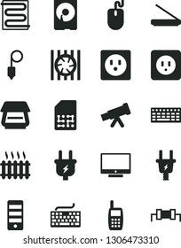 Solid Black Vector Icon Set - keyboard vector, power socket type b, plummet, heating coil, screen, plug, electric, SIM, cast iron radiator, mobile phone, fan, mouse, pc tower, hdd, scanner, resistor