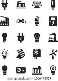 Solid Black Vector Icon Set - bulb vector, dangers, wind energy, factory, light, hydroelectric station, hydroelectricity, plug, electric, industrial building, saving, mercury, pc power supply, idea