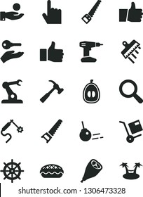 Solid Black Vector Icon Set - magnifier vector, drill, hand saw, arm, spatula, hammer with claw, core, index finger, thumb up, shipment, apple pie, grill chicken leg, half loquat, gas welding, key