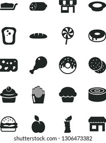 Solid Black Vector Icon Set - kiosk vector, sausage, piece of cheese, loaf, canned goods, burger, cake, muffin, slice, with a hole, glazed, plate milk, chicken leg, lollipop, fried potato slices