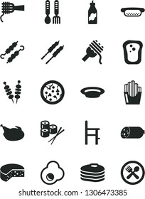 Solid Black Vector Icon Set - a chair for feeding vector, iron fork spoons, sausage, cheese, fried vegetables on sticks, pizza, mini hot dog, spaghetti, noodles, plate, chicken, barbecue, sushi set