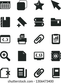Solid Black Vector Icon Set - clip vector, add bookmark, clean sheet of paper, zoom, folder, books, star, notebook, address book, delete page, copy, statistical report, wall calendar, newspaper