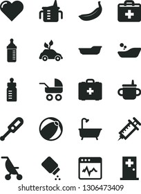 Solid Black Vector Icon Set - first aid kit vector, mug for feeding, measuring cup, bottle, baby powder, carriage, summer stroller, electronic thermometer e, bath ball, children's bathroom, heart