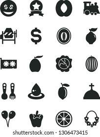Solid Black Vector Icon Set - plastic fork spoons vector, children's train, colored air balloons, concrete mixer, peper, squash, quince, melon, loquat, half peach, lemon, juicy, drop of oil, eyes