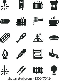 Solid Black Vector Icon Set - electronic thermometer vector e, mercury, heating coil, temperature, radiator, new, boiler, coffee, sausage, Hot Dog, noodles, pie, barbecue, coffe to go, outdoor