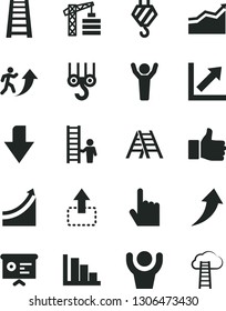 Solid Black Vector Icon Set - downward direction vector, growth chart, positive histogram, tower crane, hook, winch, stepladder, ladder, index finger, move up, financial report, man arrow, graph