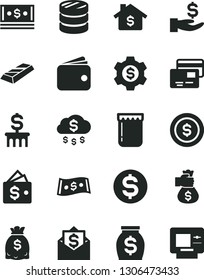 Solid Black Vector Icon Set - cards vector, jam, column of coins, dollar, get a wage, wallet, money, dollars, cash, gold bar, bag hand, rain, coin, mortgage, gear, mail, atm
