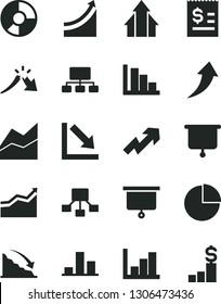 Solid Black Vector Icon Set - growth up vector, pie chart, line, negative, histogram, positive, recession, a crisis, scheme, hierarchical, article on the dollar, ring diagram, presentation board