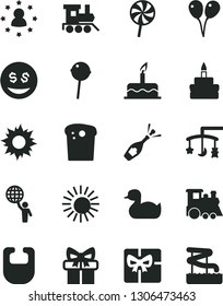 Solid Black Vector Icon Set - toys over the cradle vector, bib, rubber duck, baby toy train, children's, colored air balloons, cake, Easter, birthday, Chupa Chups, lollipop, gift, giftbox, champagne
