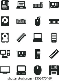 Solid Black Vector Icon Set - laptop vector, screen, computer, notebook pc, radiator fan, mouse, keyboard, tower, motherboard, memory, card, hdd, floppy