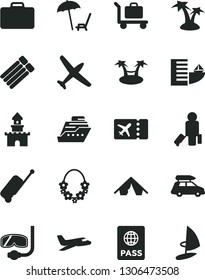 Solid Black Vector Icon Set - passport vector, sand castle, plane, car baggage, passenger, suitcase, ticket, rolling case, hotel, tent, arnchair under umbrella, palm tree, hawaii wreath, diving mask