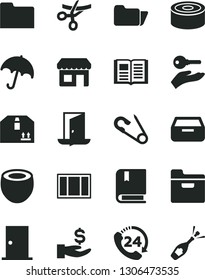 Solid Black Vector Icon Set - open pin vector, e, window frame, ntrance door, book, umbrella, folder, drawer, cardboard box, 24, canned goods, half of coconut, kiosk, get a wage, arm with key, exit