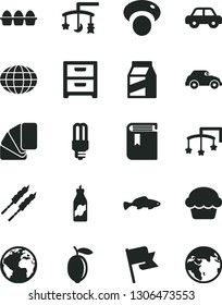 Solid Black Vector Icon Set - sign of the planet vector, book, toys over cradle, cot, motor vehicle, sample colour, flag, nightstand, package, bundle eggs, cake, barbecue, small fish, liquor, lemon