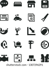 Solid Black Vector Icon Set - silent mode vector, negative chart, baby bath ball, hand saw, brick, speech, chili, valve, electric car, calipers, kiosk, scheme, scientific publication, network