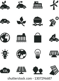 Solid Black Vector Icon Set - sign of the planet vector, paper bag, solar panel, big, leaves, wind energy, bulb, hydroelectric station, hydroelectricity, trees, eco car, electric, CO2, sun