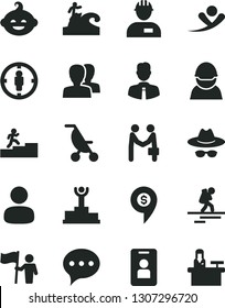 Solid Black Vector Icon Set - women vector, hat with glasses, summer stroller, funny hairdo, workman, employee, speech, racer, man, goal woman, winner podium, carrer stairway, hold flag, agreement