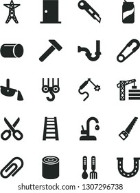 Solid Black Vector Icon Set - scissors vector, clip, safety pin, iron fork spoons, tower crane, winch hook, arm saw, stepladder, sewerage, ntrance door, stationery knife, kitchen faucet, hammer, tin