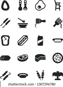 Solid Black Vector Icon Set - plates and spoons vector, a chair for feeding child, plastic fork, sausage, stick of, cheese, fried vegetables on sticks, pizza, Hot Dog, mini, spaghetti, noodles, egg