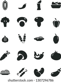 Solid Black Vector Icon Set - fried vegetables on sticks vector, onion, slices of, mushroom, porcini, lettuce in a plate, meat skewers, tomato, chili, carrot, mulberry, sweet date fruit, apple stub