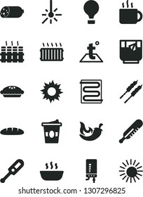 Solid Black Vector Icon Set - electronic thermometer vector e, mercury, heating coil, temperature, radiator, boiler, sausage, loaf, pie, hot porridge, barbecue, chili, cup of tea, coffe to go, sun