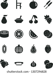 Solid Black Vector Icon Set - a chair for feeding vector, canned goods, mini hot dog, bowl of buckwheat porridge, barbecue, orange slice, biscuit, cherry, half pomegranate, grape, branch, red apple