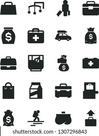 Solid Black Vector Icon Set - first aid kit vector, toys over the cot, bag of a paramedic, portfolio, suitcase, package, glass tea, briefcase, purse, money, dollars, hand, car baggage, backpacker