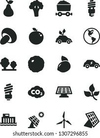 Solid Black Vector Icon Set - saving light bulb vector, porcini, cabbage, pear, yellow lemon, delicious apple, broccoli, big solar panel, leaves, windmill, planet Earth, hydroelectric station, trees