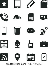 Solid Black Vector Icon Set - desktop microphone vector, calendar, rss feed, toy phone, smartphone, nightstand, piece of meat, jam, big solar panel, retro car, SIM card, location, portfolio, pencil