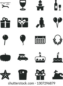 Solid Black Vector Icon Set - colored air balloons vector, balloon, cake, gift, Easter, torte, Chupa Chups, glass, pumpkin, wall calendar, giftbox, sand castle, wine, car baggage, passenger, beach