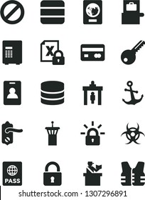 Solid Black Vector Icon Set - prohibition vector, key, door knob, lock, anchor, passport, reverse side of a bank card, encrypting, big data, biohazard, airport tower, identity, security gate, safe