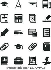 Solid Black Vector Icon Set - clip vector, book, new abacus, portfolio, buildings, drawing, calculation, square academic hat, scribed compasses, text highlighter, on statistics, engineer calculator