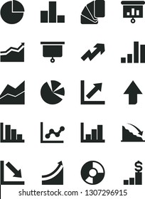 Solid Black Vector Icon Set - upward direction vector, growth up, pie chart, bar, line, graph, negative, histogram, positive, sample of colour, recession, ring diagram, charts, presentation, board