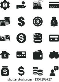 Solid Black Vector Icon Set - bank card vector, dollar, coins, reverse side of a, front the, column, denomination, catch coin, wallet, purse, money, dollars, cash machine, mortgage, gear, dialog