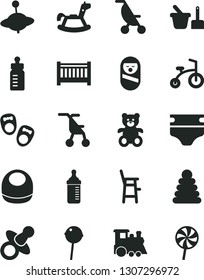 Solid Black Vector Icon Set - baby cot vector, dummy, feeding bottle, measuring for, diaper, bib, summer stroller, sitting, stacking rings, roly poly doll, toy sand set, a chair child, teddy bear
