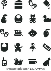 Solid Black Vector Icon Set - baby powder vector, bib, rubber duck, warm socks, toy mobile phone, children's potty, teddy bear, hairdo, train, shoes for little children, child, piece of cake, pear