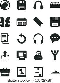 Solid Black Vector Icon Set - bookmark vector, counterclockwise, baby bath ball, brick, speech, headphones, suitcase, move up, scientific publication, calendar, floppy, scientist, patente, man hands
